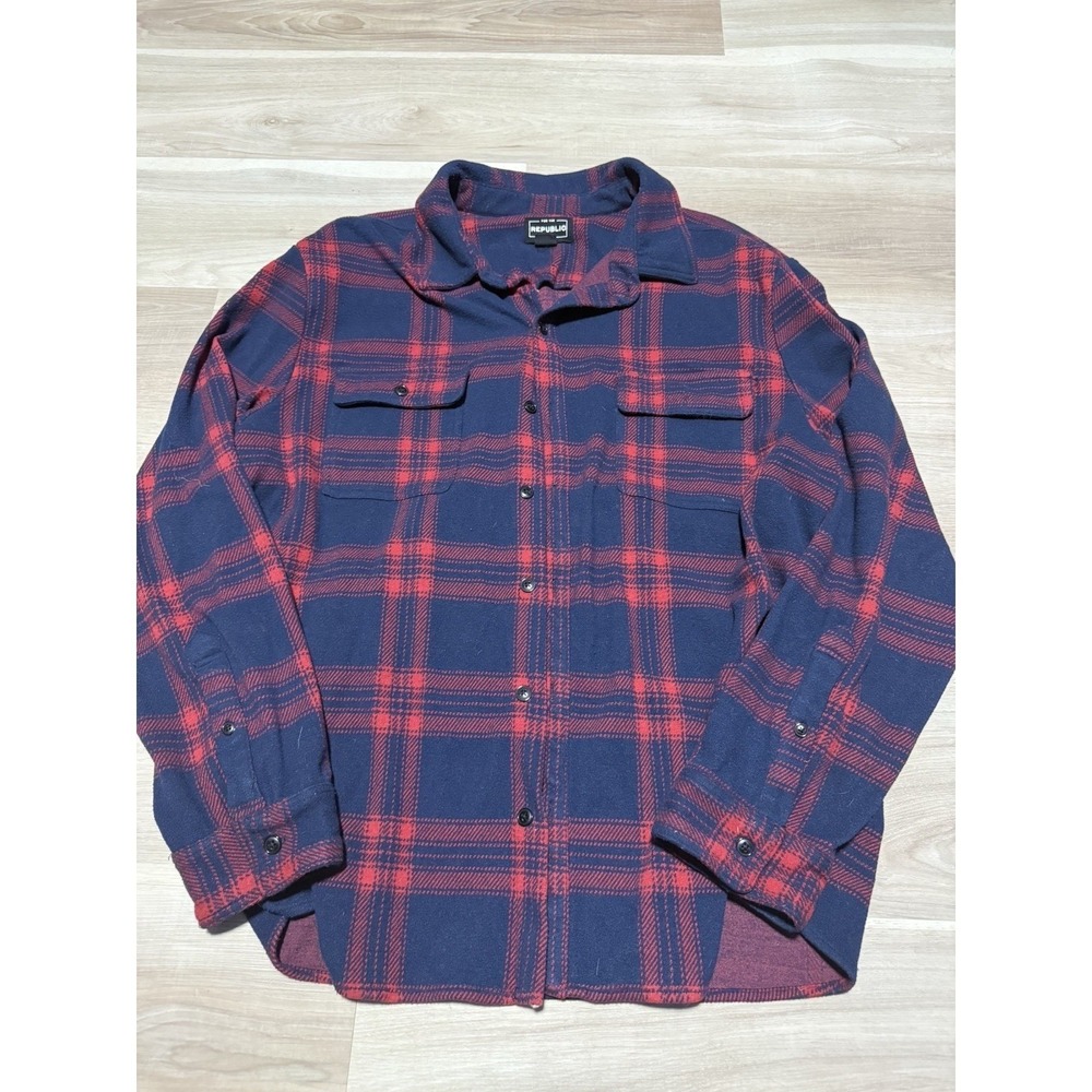 For The Republic Flannel Shirt Mens XXL Blue Red Plaid Button Down Workwear Top
